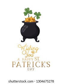 wishing you a happy st patrick`s day label with leprechaun cauldron