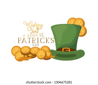 wishing you a happy st patrick`s day label with leprechaun hat