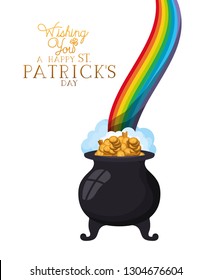 wishing you a happy st patrick`s day label with leprechaun cauldron