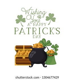 wishing you a happy st patrick`s day label with leprechaun cauldron