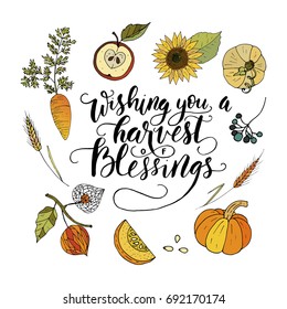 Wishing you a harvest of blessings. Handdrawn unique autumn card with brush lettering quote. Vector doodle illustration.