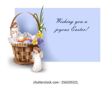 Wishing you a joyous Easter Easter basket with angels. Illustration, vector.