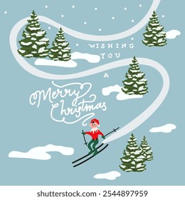 Wishing you a Merry Christmas background. Holiday greeting card with Christmas decorated tree, falling snow and elf on skis