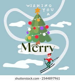 Wishing you a Merry Christmas background. Holiday greeting card with Christmas decorated tree, falling snow and elf on skis