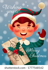 Wishing You a Merry Christmas card design with a happy smiling elf holding a Xmas gift with holly and waving, colored vector illustration