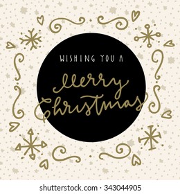 Wishing you a Merry Christmas hand drawn greeting card in retro style. Modern calligraphy and lettering. White seamless pattern background with stars. Vector