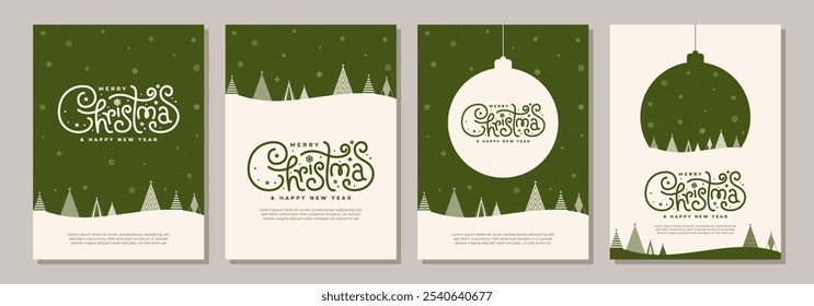 ¡Deseándote unas felices Navidades y un feliz año Nuevo! Una colección de tarjetas de invierno con árboles de Navidad cubiertos de nieve sobre un fondo verde, perfecto para la temporada navideña.