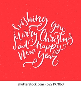 Wishing you Merry Christmas and Happy new year text. Vector calligraphy concept for greeting cards design. Vector typography at red background.