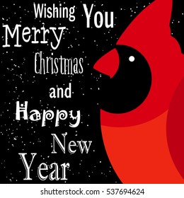 Wishing you Merry Christmas and Happy New Year card. Red cardinal on black background with snow. Flat design. Vector