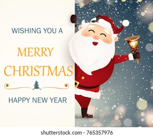 Wishing you a Merry Christmas. Happy new year. smiling happy Santa Claus with big signboard. Merry Santa Clause with jingle bell. Christmas background with Falling Christmas snow, light, bokeh.