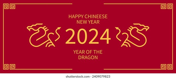 Wishing You Prosperity in 2024: Chinese New Year Horizontal Banner Template. Red and Gold Greeting Card for the Year of The Dragon. Elegant Japanese Vector Background.