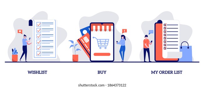 Wishlist, buy, my orders list concept with tiny character and e-commerce cliparts. Internet store website interface abstract vector illustration set. Purchases ordering, online payment metaphor.