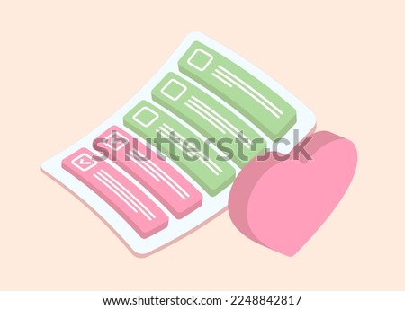 Wishlist, checklist, tasks, to-do-list concept. List with checkmarks of favorite wishlist items and heart icon. Personal to do list or wishlist isometric illustration