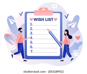 Wishlist concept. Gift and shopping list. Tiny people writing down wishes. Personal favourites list. Order and payment. Modern flat cartoon style. Vector illustration on white background