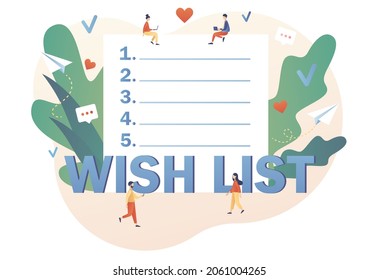 Wishlist concept. Personal favourites list. Gift and shopping list online. Tiny people writing down wishes. Order and payment. Modern flat cartoon style. Vector illustration on white background