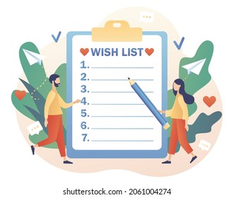 Wishlist concept. Personal favourites list. Gift and shopping list. Tiny people writing down wishes. Order and payment. Modern flat cartoon style. Vector illustration on white background