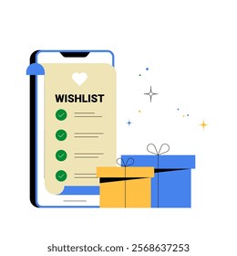 Wishlist Displayed On Smartphone With Gift Boxes In Flat Vector Illustration Symbolizing Holiday Shopping, Gift Planning, And Online Retail, Isolated On White Background.