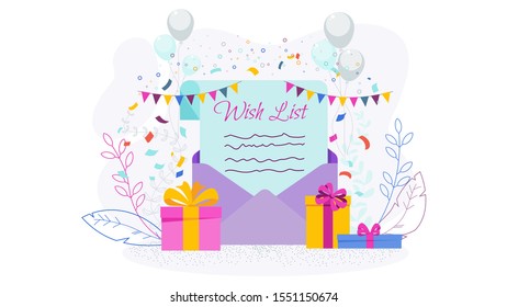 Wishlist in an envelope. Gift boxes, garlands and flags. Greeting card for Merry Christmas and Happy New Year. Illustration for flyer and booklet, brochure and website.