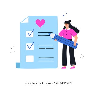 Wishlist. Girl writing down her wishes. Gift and shopping list. Flat vector illustration.