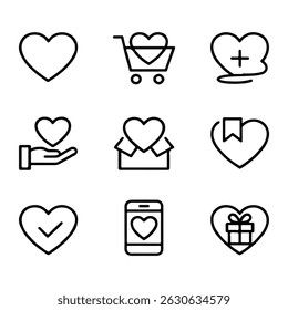 Wishlist and Heart Icons Set. Heart Icons Representing Love, Gifts, and Online Connection
