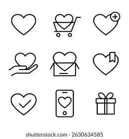 Wishlist and Heart Icons Set. Heart Icons Representing Love, Gifts, and Online Connection
