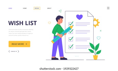 Wishlist. Human writing wish list on paper. Vector illustration in a modern flat style. Landing page website template.