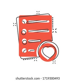 Wishlist icon in comic style. Like document cartoon vector illustration on white isolated background. Favorite list splash effect business concept.