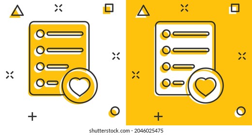 Wishlist icon in comic style. Like document cartoon vector illustration on white isolated background. Favorite list splash effect business concept.