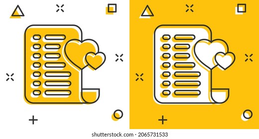 Wishlist icon in comic style. Like document cartoon vector illustration on white isolated background. Favorite list splash effect business concept.