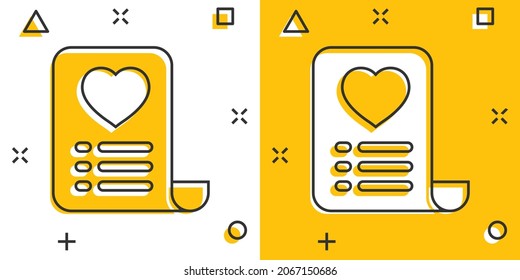 Wishlist icon in comic style. Like document cartoon vector illustration on white isolated background. Favorite list splash effect business concept.