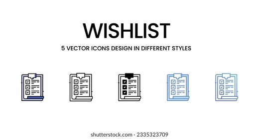 Wishlist Icon Design in Five style with Editable Stroke. Line, Solid, Flat Line, Duo Tone Color, and Color Gradient Line. Suitable for Web Page, Mobile App, UI, UX and GUI design.