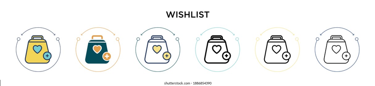 Wishlist icon in filled, thin line, outline and stroke style. Vector illustration of two colored and black wishlist vector icons designs can be used for mobile, ui, web