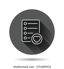 Wishlist icon in flat style. Like document vector illustration on black round background with long shadow effect. Favorite list circle button business concept.