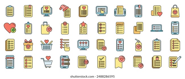 Los íconos de la lista de deseos establecen el Vector de contorno. Página de documento. Corazón más línea fina de color plano en blanco