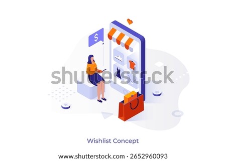 Wishlist isometric concept vector conceptual scene. Online shopping wishlist, e-commerce website, add to personalized collection, user account, product in stock, online retailer abstract metaphor.