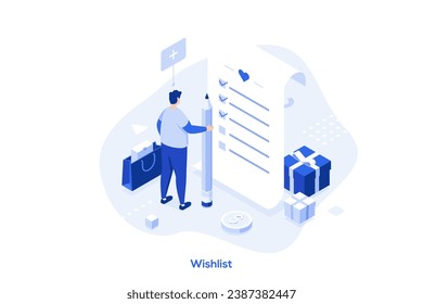 Wishlist isometric concept vector illustration. Online shopping wishlist, e-commerce website, add to personalized collection, user account, product in stock, online retailer abstract metaphor.