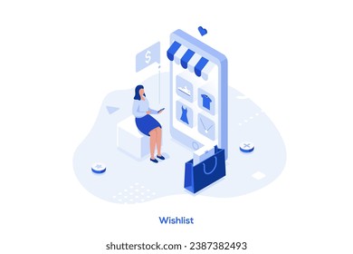 Wishlist isometric concept vector illustration. Online shopping wishlist, e-commerce website, add to personalized collection, user account, product in stock, online retailer abstract metaphor.