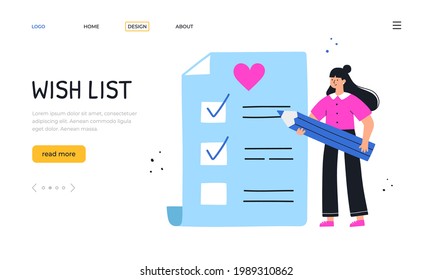 Wishlist. Landing page template. Girl writing down her wishes. Gift and shopping list. Flat vector illustration.