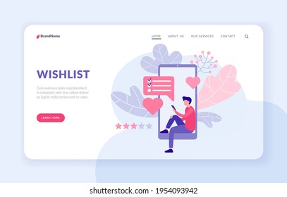 Wishlist landing page website banner template. Guy makes orders for gifts online application vector flat illustration. Male character with smartphone making personal wishlist and favourites list