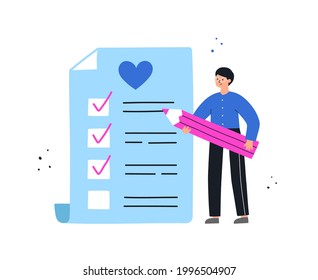 Wishlist. Man writing down his wishes. Gift and shopping list. Flat hand drawn vector illustration.