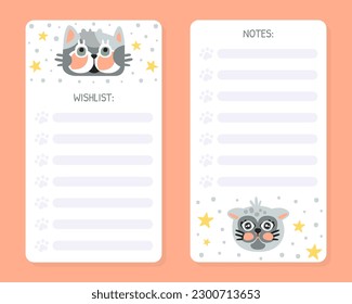 Wishlist and Note Page with Cat Face and Avatar or Funny Kitten Muzzle Vector Template