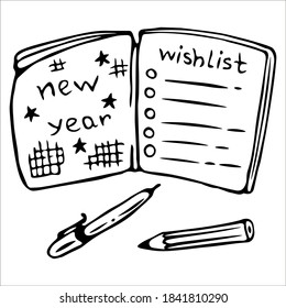 Wishlist notebook. Plans for the new year. Single doodle vector illustration. Hand drawn.