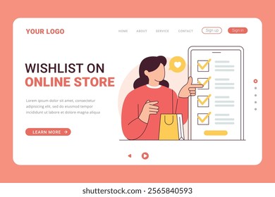 Wishlist on Online Store Landing page for banner web online shopping concept illustration