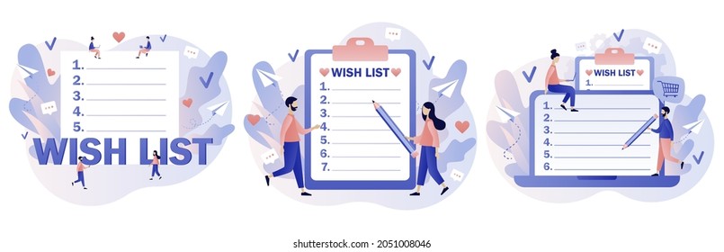 Wishlist online concept. Gift and shopping list. Tiny people writing down wishes. Personal favourites list. Order and payment. Modern flat cartoon style. Vector illustration on white background