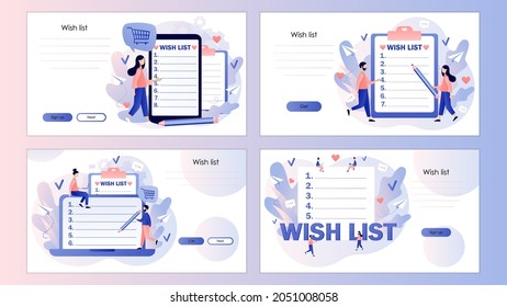 Wishlist online concept. Gift or shopping list. Tiny people writing down wishes. Personal favourite list. Screen template for landing page, template, ui, web, mobile app, poster, banner, flyer. Vector