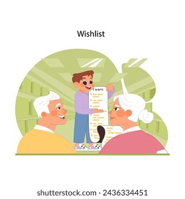 Wishlist sharing concept. Boy excitedly reveals his wishlist to adoring grandparents, old people watching closely. Sweet moment of family desires and expectations. Flat vector illustration