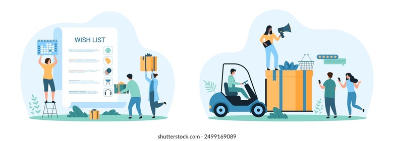 Wishlist for shopping, gift of giveaway set. Tiny people carry big box of prizes on forklift, check planner on spiral paper sheet with filled list of personal favorites cartoon vector illustration