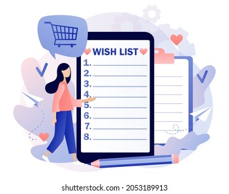 Wishlist in smartphone app. Gift and shopping list. Tiny woman writing down wishes. Personal favourites list. Order and payment. Modern flat cartoon style. Vector illustration on white background