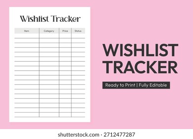 Lista de deseos Tracker Diseño de Plantilla. Lista de deseos de la compra. Hoja de Trabajo de Seguimiento de Artículos.