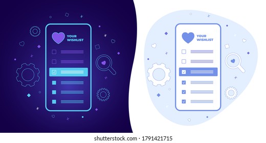 Wishlist vector concept with black and white background, dark ultra violet neon glowing thin icon and light-blue illustration. Smart phone with a checkmarks list of favorite wish items and heart icon.